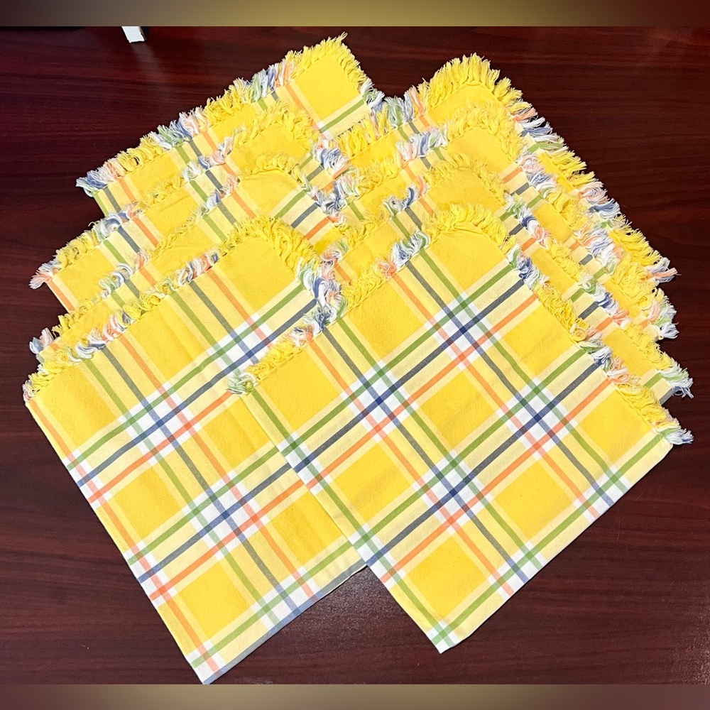 Eight (8) cotton yellow blue green plaid 20" square dinner napkins